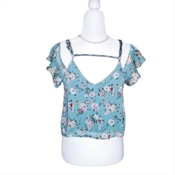 Xhilaration Green Floral Cold Shoulder Ruffle - Picture 3 of 6